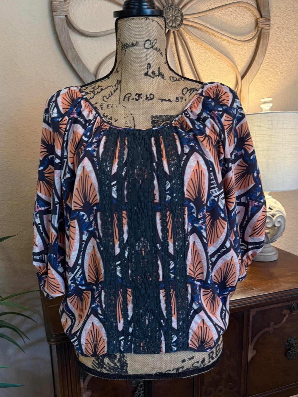 hazel Boho Peasant Dolman Sleeve Blouse with Lace Panel